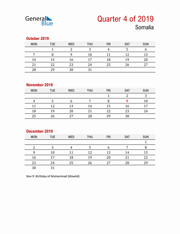 Printable Three Month Calendar with Somalia Holidays