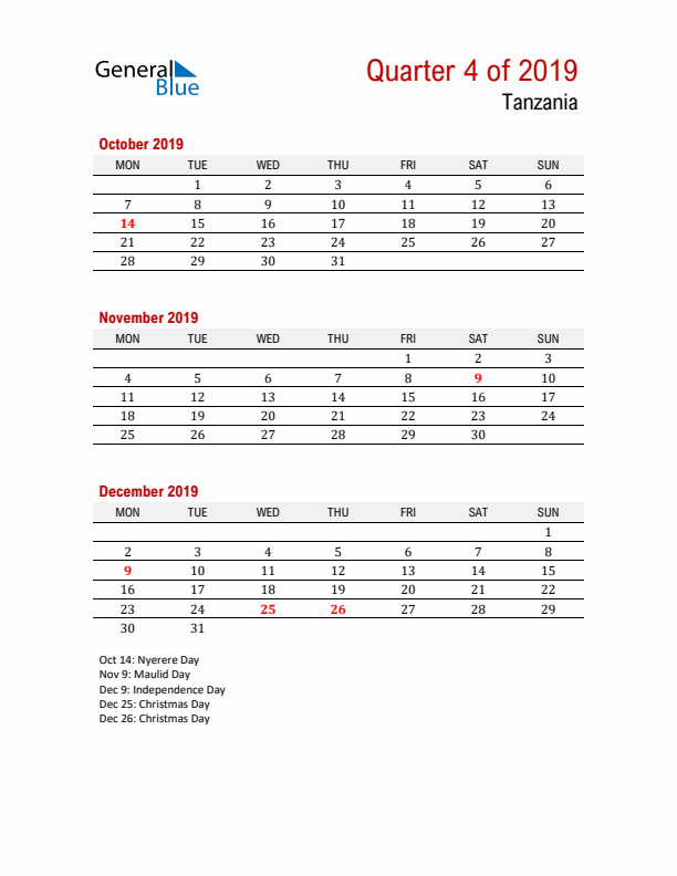 Printable Three Month Calendar with Tanzania Holidays