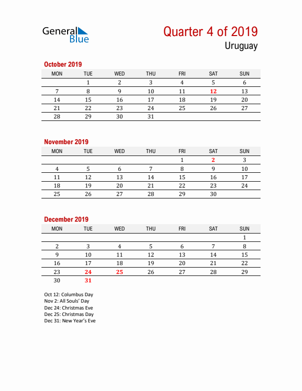 Printable Three Month Calendar with Uruguay Holidays