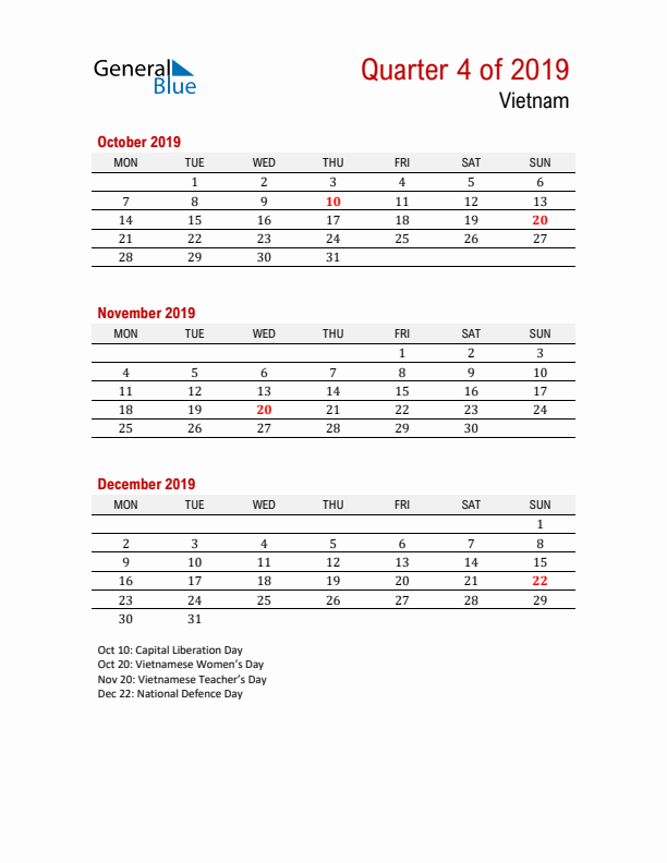 Printable Three Month Calendar with Vietnam Holidays