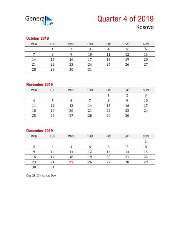 Printable Three Month Calendar with Kosovo Holidays