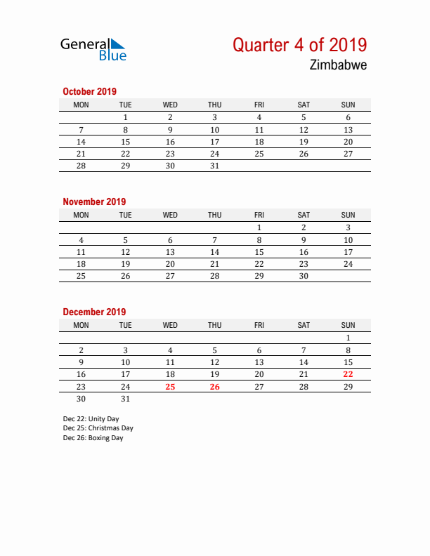 Printable Three Month Calendar with Zimbabwe Holidays