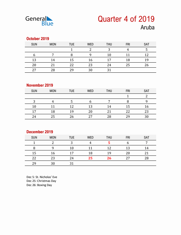 Printable Three Month Calendar with Aruba Holidays