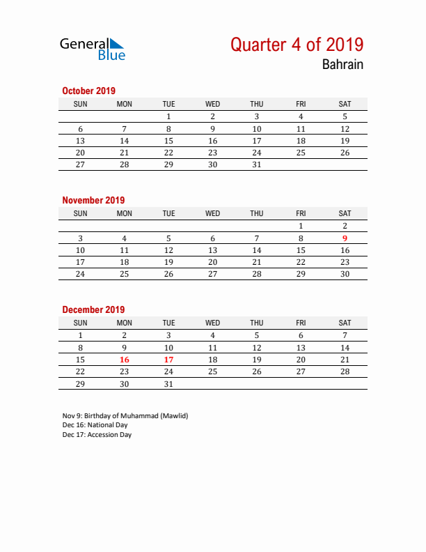 Printable Three Month Calendar with Bahrain Holidays