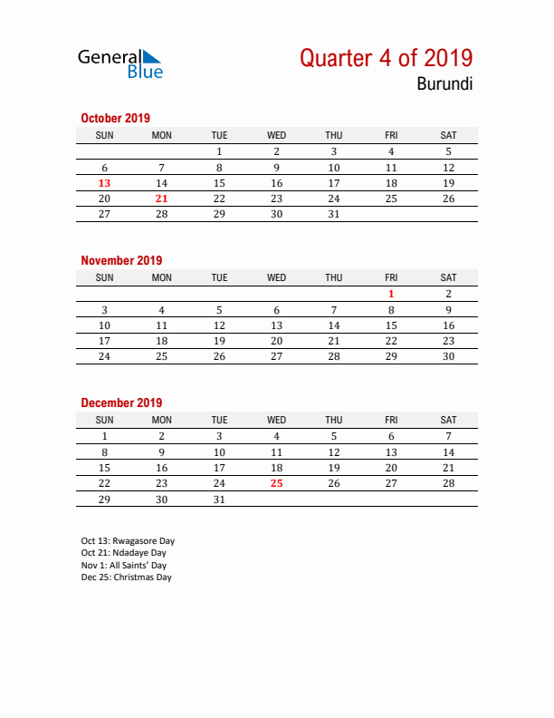 Printable Three Month Calendar with Burundi Holidays