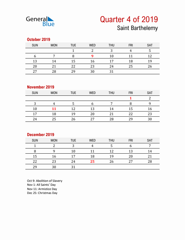 Printable Three Month Calendar with Saint Barthelemy Holidays