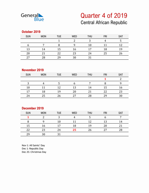 Printable Three Month Calendar with Central African Republic Holidays