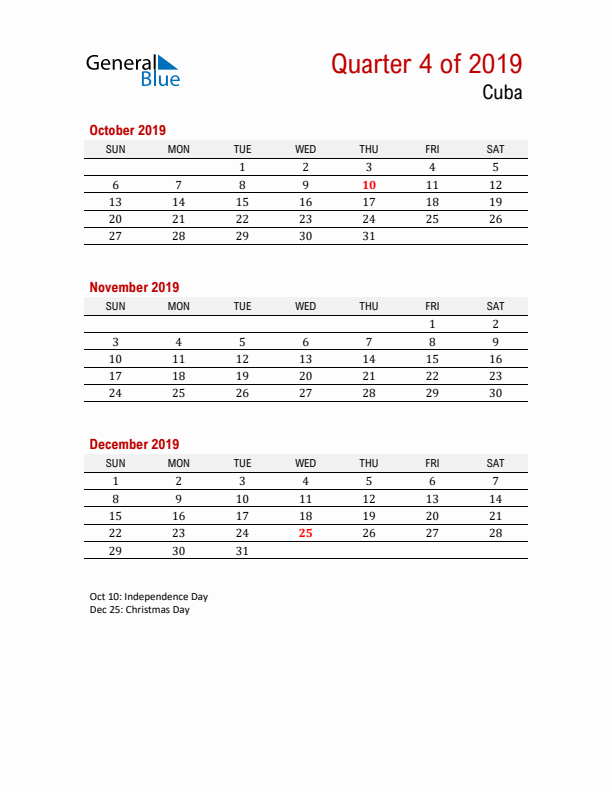 Printable Three Month Calendar with Cuba Holidays