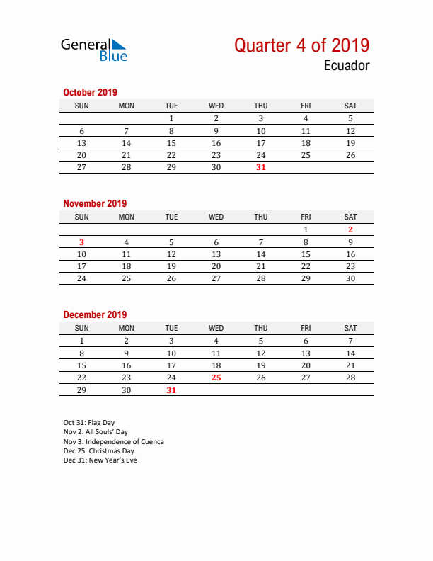 Printable Three Month Calendar with Ecuador Holidays