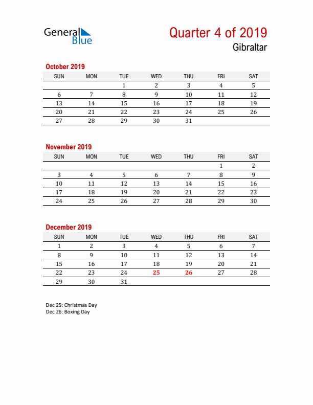 Printable Three Month Calendar with Gibraltar Holidays