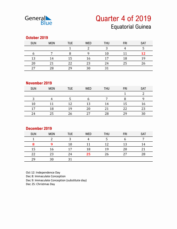 Printable Three Month Calendar with Equatorial Guinea Holidays