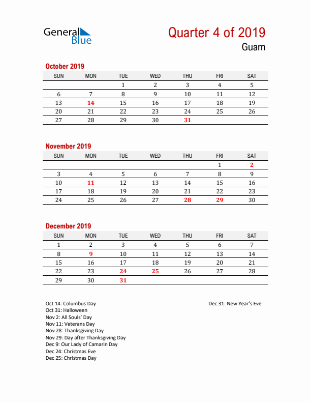 Printable Three Month Calendar with Guam Holidays