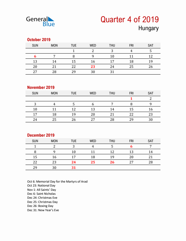 Printable Three Month Calendar with Hungary Holidays