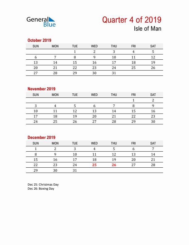 Printable Three Month Calendar with Isle of Man Holidays