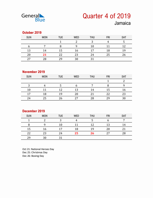 Printable Three Month Calendar with Jamaica Holidays