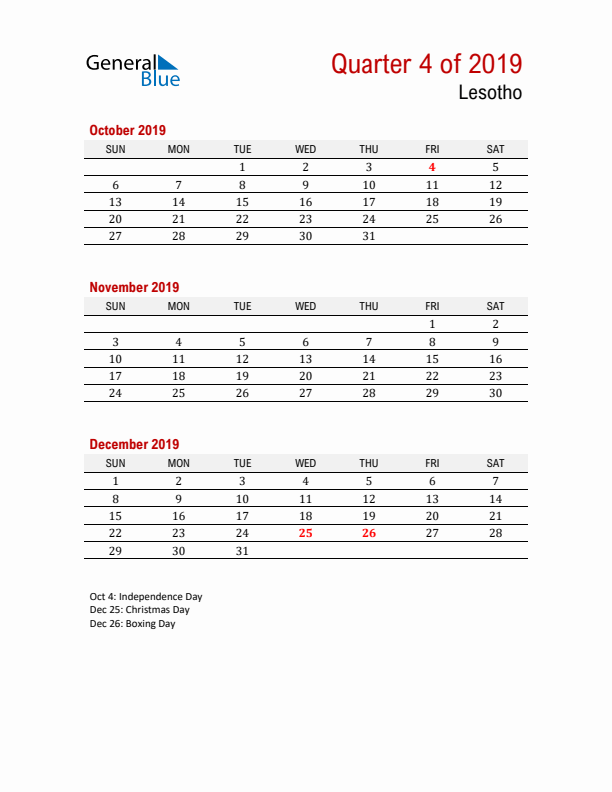 Printable Three Month Calendar with Lesotho Holidays