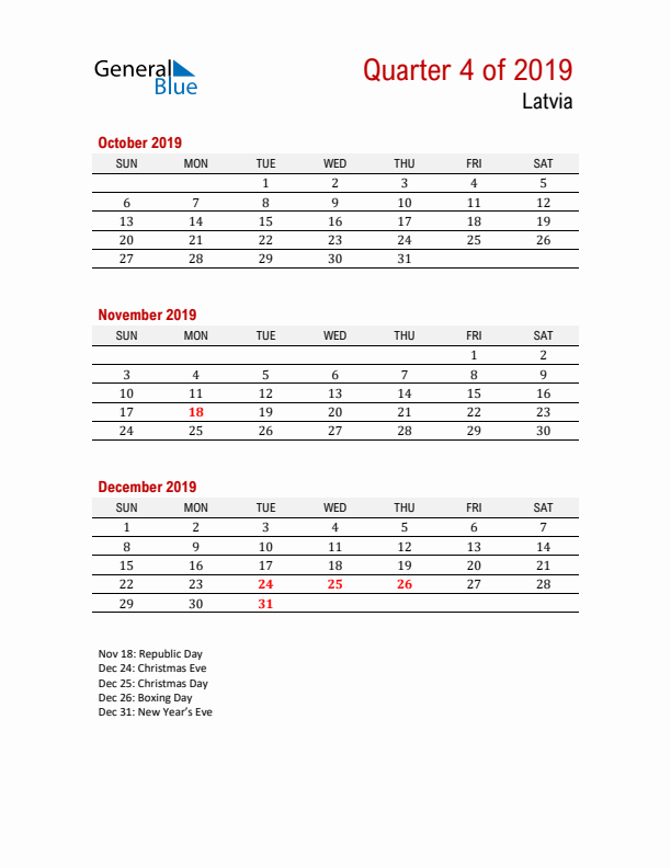 Printable Three Month Calendar with Latvia Holidays