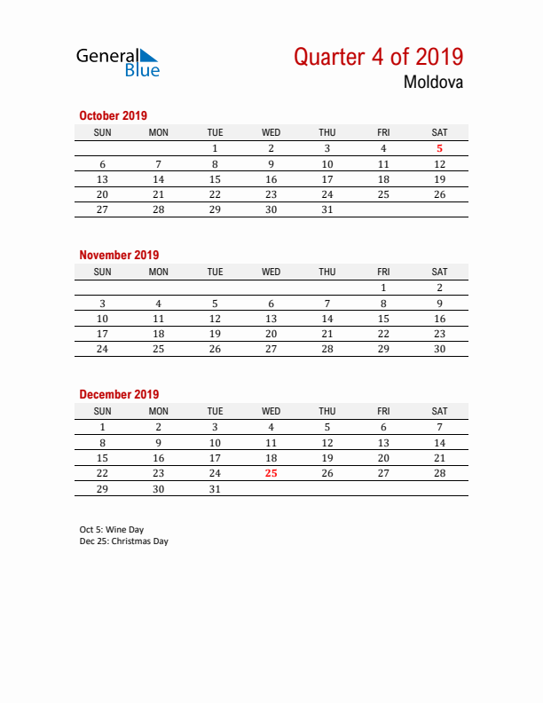 Printable Three Month Calendar with Moldova Holidays