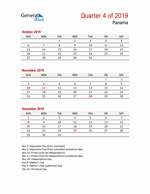 Printable Three Month Calendar with Panama Holidays