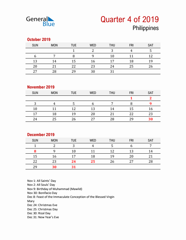 Printable Three Month Calendar with Philippines Holidays