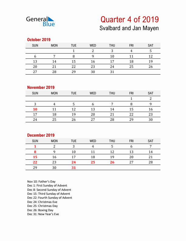 Printable Three Month Calendar with Svalbard and Jan Mayen Holidays