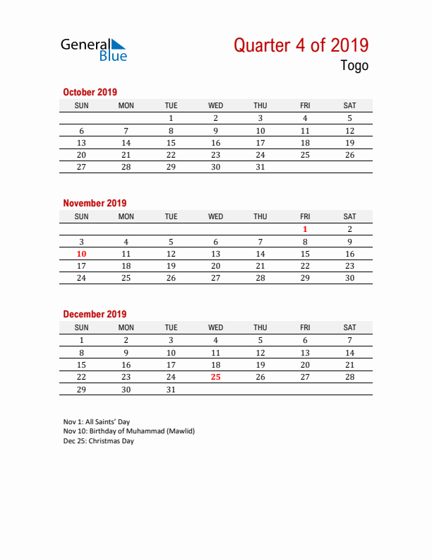 Printable Three Month Calendar with Togo Holidays