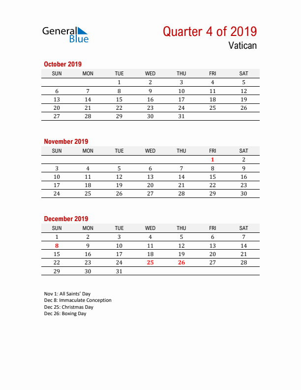 Printable Three Month Calendar with Vatican Holidays