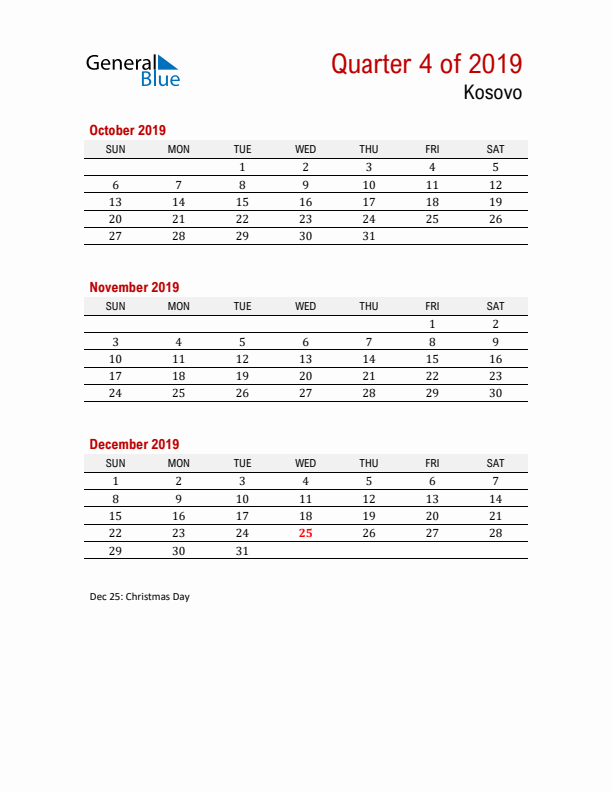 Printable Three Month Calendar with Kosovo Holidays