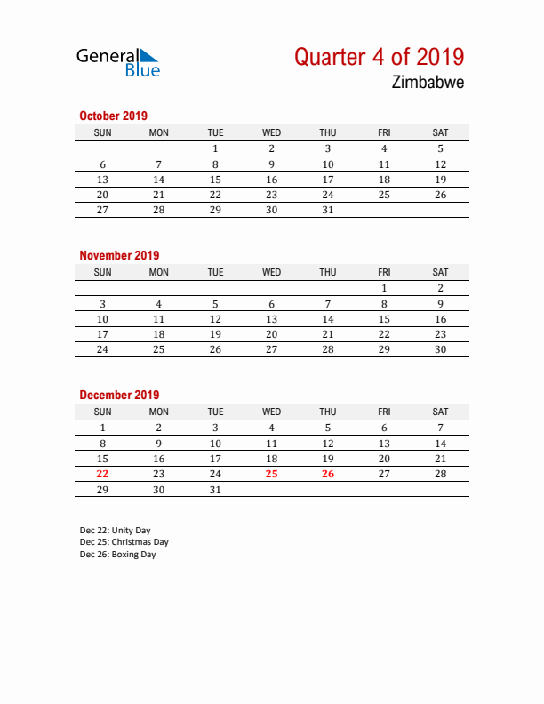 Printable Three Month Calendar with Zimbabwe Holidays