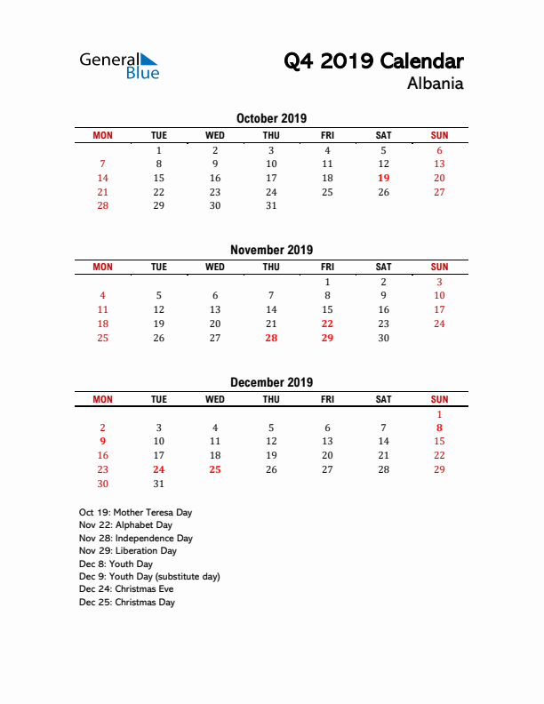 2019 Q4 Calendar with Holidays List for Albania