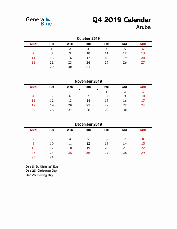 2019 Q4 Calendar with Holidays List for Aruba