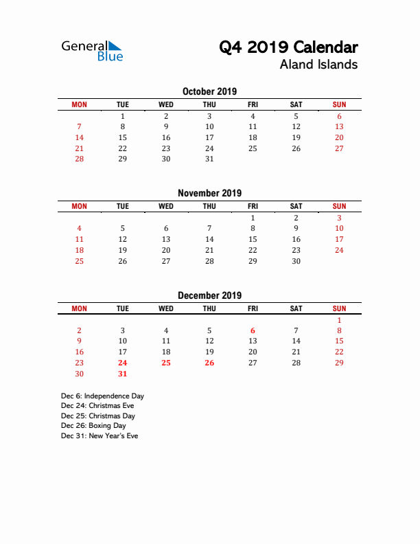 2019 Q4 Calendar with Holidays List for Aland Islands