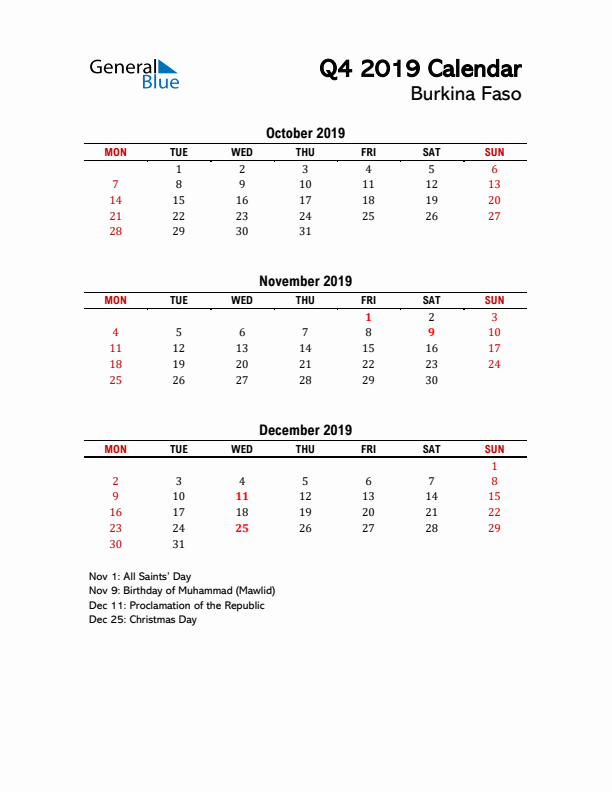 2019 Q4 Calendar with Holidays List for Burkina Faso