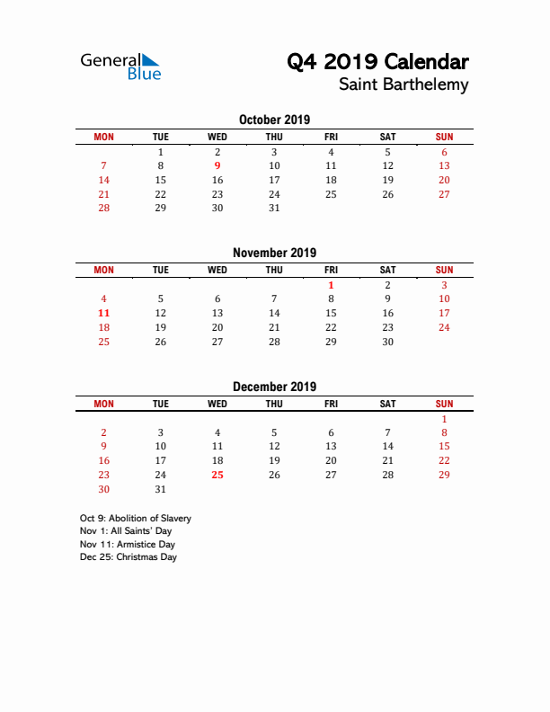 2019 Q4 Calendar with Holidays List for Saint Barthelemy