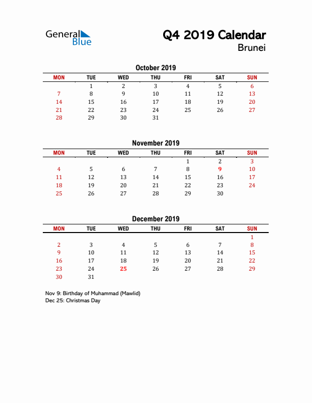 2019 Q4 Calendar with Holidays List for Brunei