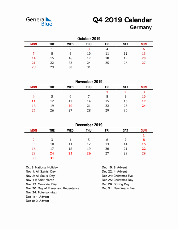 2019 Q4 Calendar with Holidays List for Germany