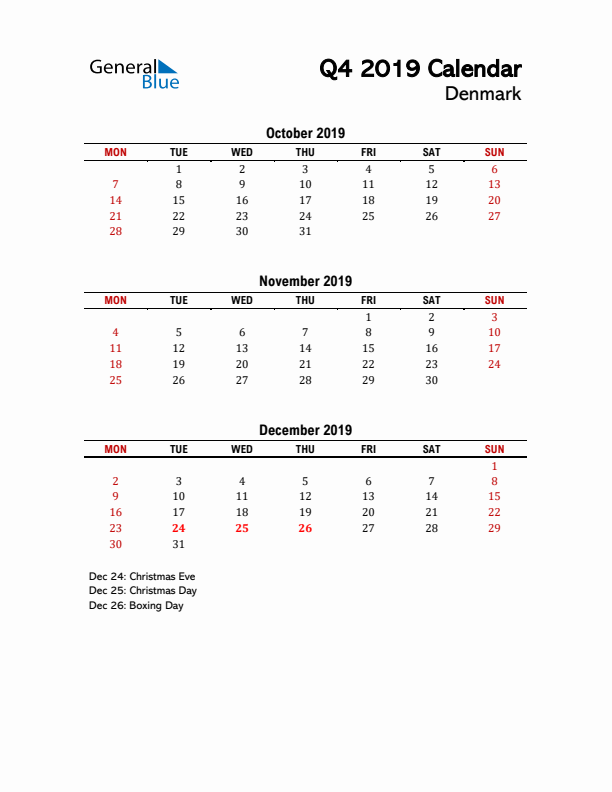 2019 Q4 Calendar with Holidays List for Denmark