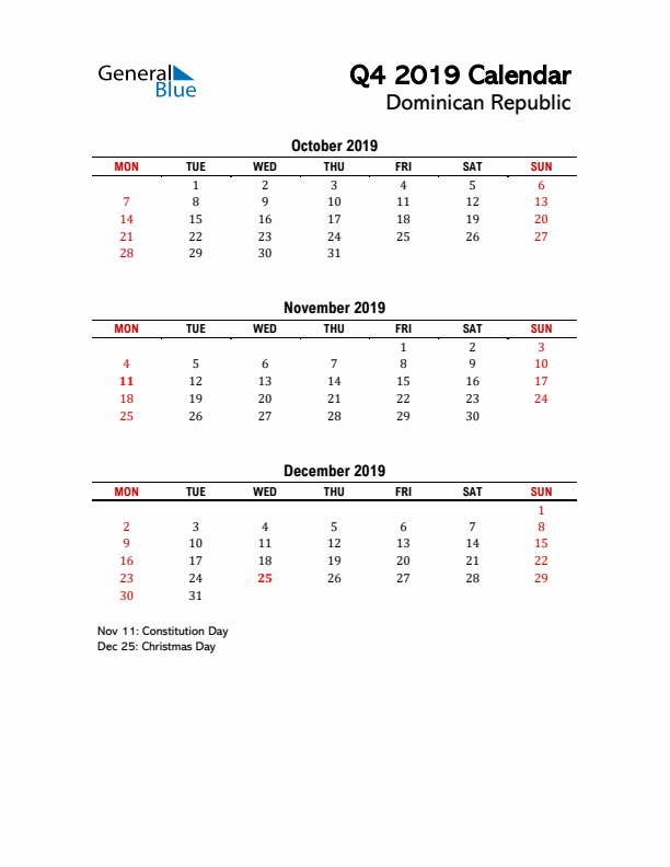 2019 Q4 Calendar with Holidays List for Dominican Republic