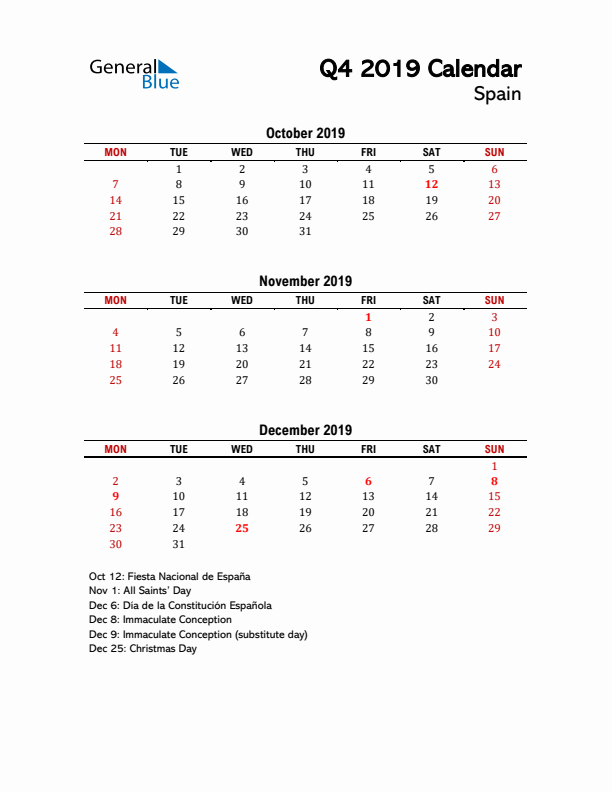 2019 Q4 Calendar with Holidays List for Spain