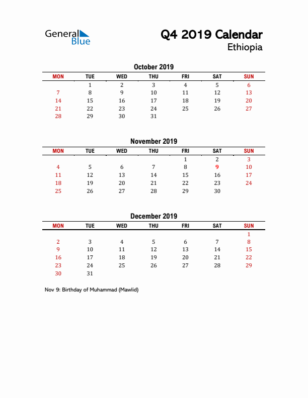 2019 Q4 Calendar with Holidays List for Ethiopia