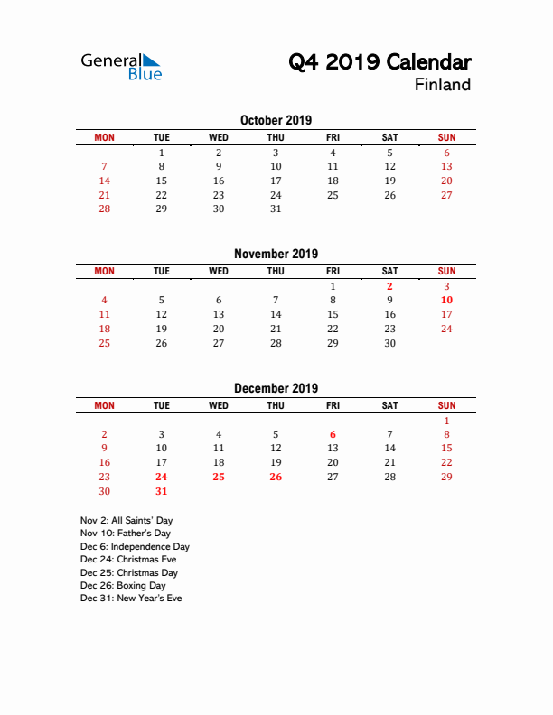 2019 Q4 Calendar with Holidays List for Finland