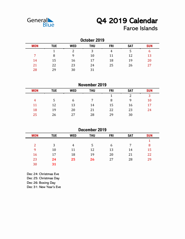 2019 Q4 Calendar with Holidays List for Faroe Islands