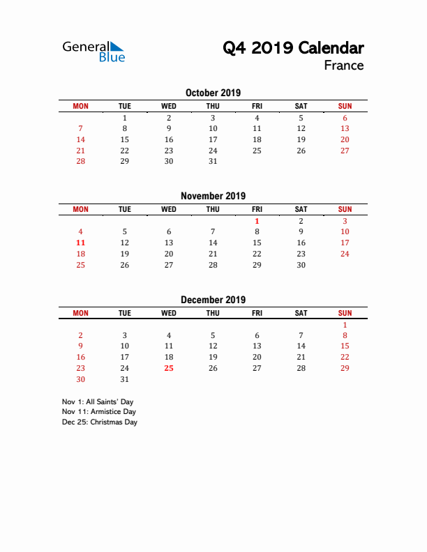 2019 Q4 Calendar with Holidays List for France