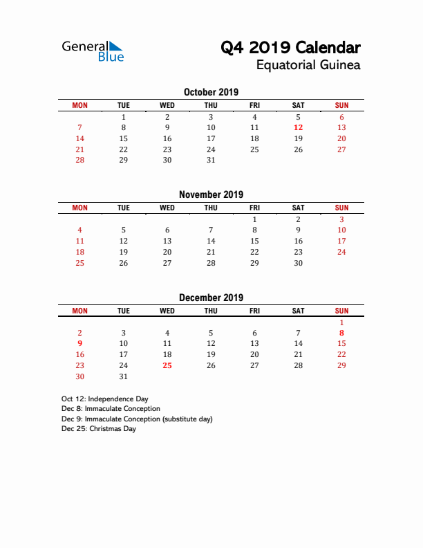 2019 Q4 Calendar with Holidays List for Equatorial Guinea