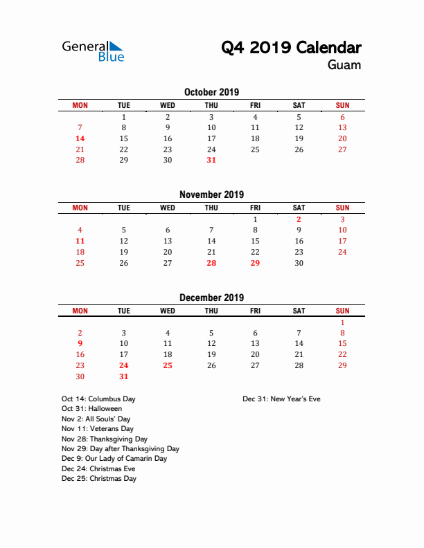 2019 Q4 Calendar with Holidays List for Guam