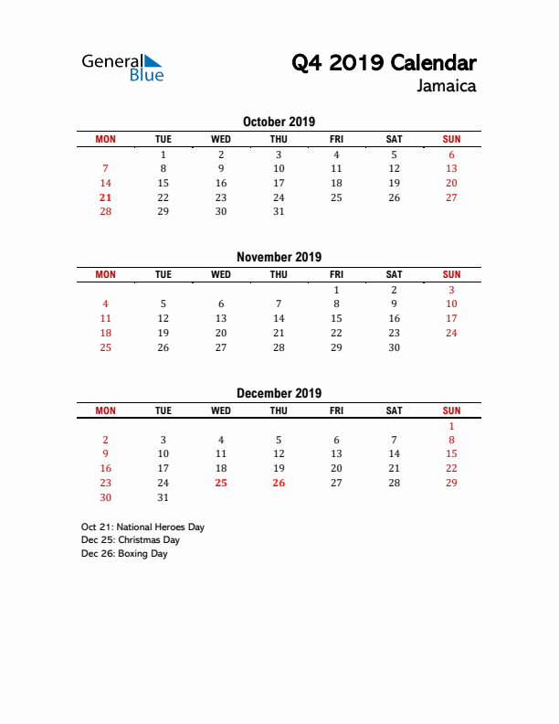 2019 Q4 Calendar with Holidays List for Jamaica