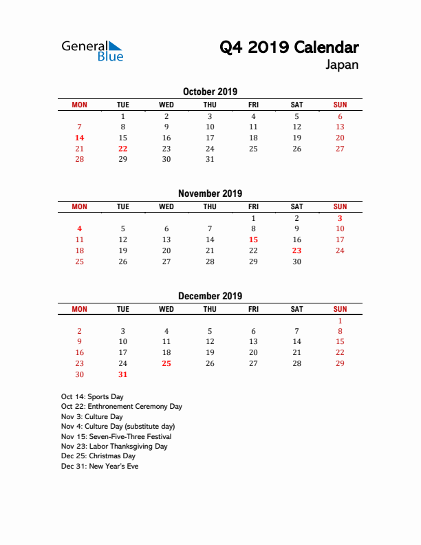 2019 Q4 Calendar with Holidays List for Japan