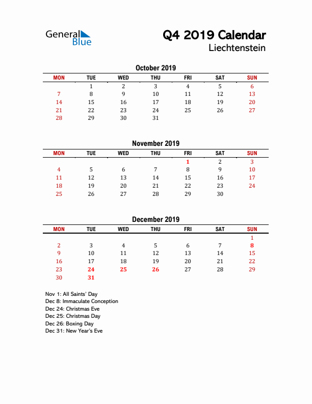 2019 Q4 Calendar with Holidays List for Liechtenstein