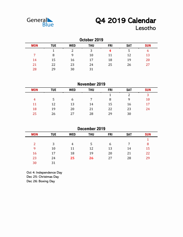 2019 Q4 Calendar with Holidays List for Lesotho