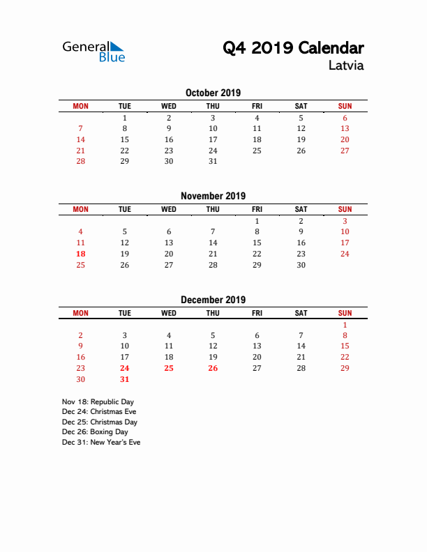 2019 Q4 Calendar with Holidays List for Latvia